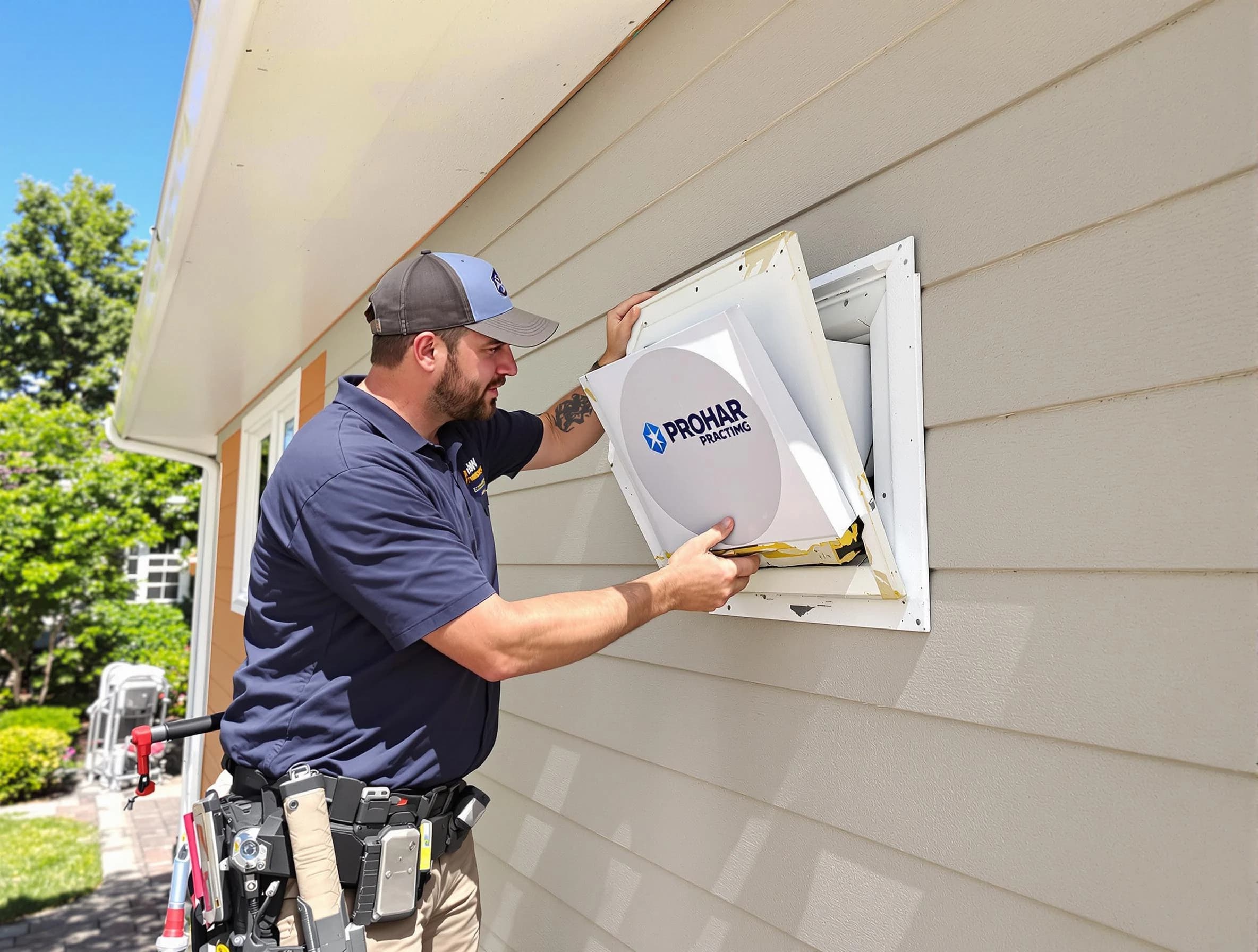 Pleasant Hills Dryer Vent Cleaning technician installing a new protective dryer vent cover on a home in Pleasant Hills