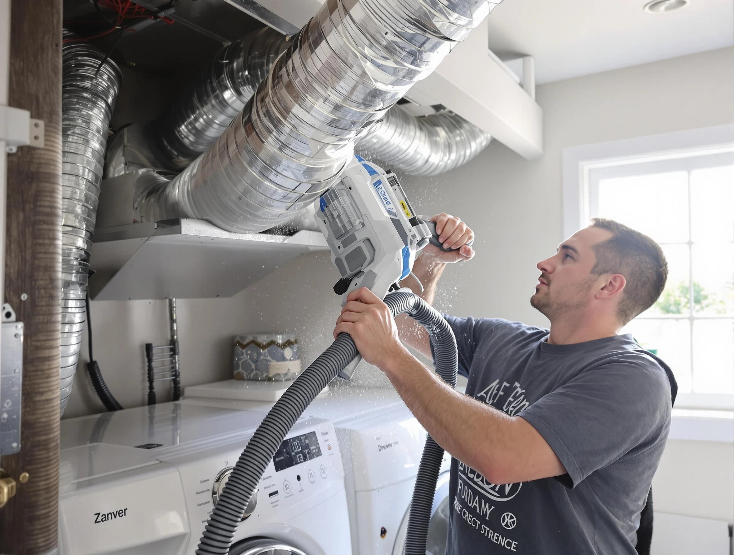 Pleasant Hills Dryer Vent Cleaning specialist cleaning deep within a dryer vent duct system in Pleasant Hills
