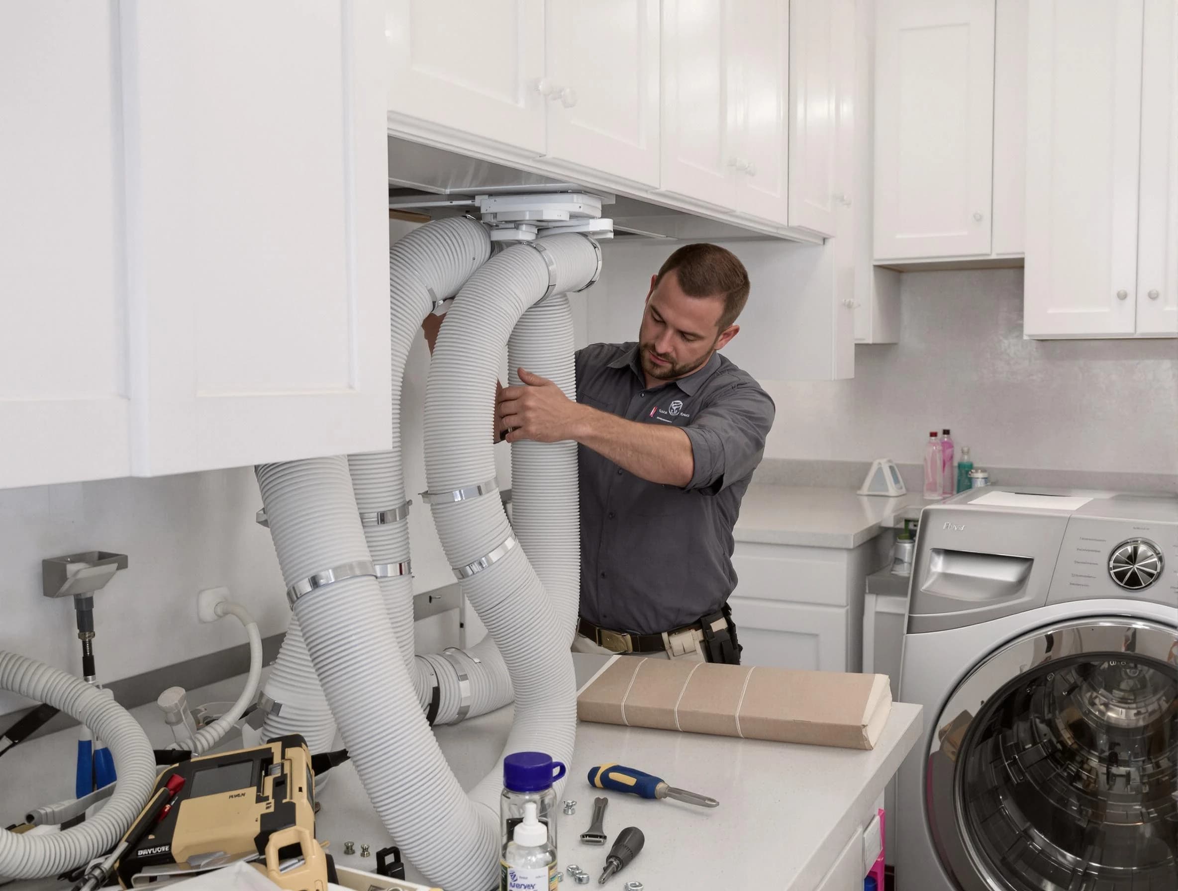 Pleasant Hills Dryer Vent Cleaning technician installing a new professional-grade dryer vent hose in Pleasant Hills