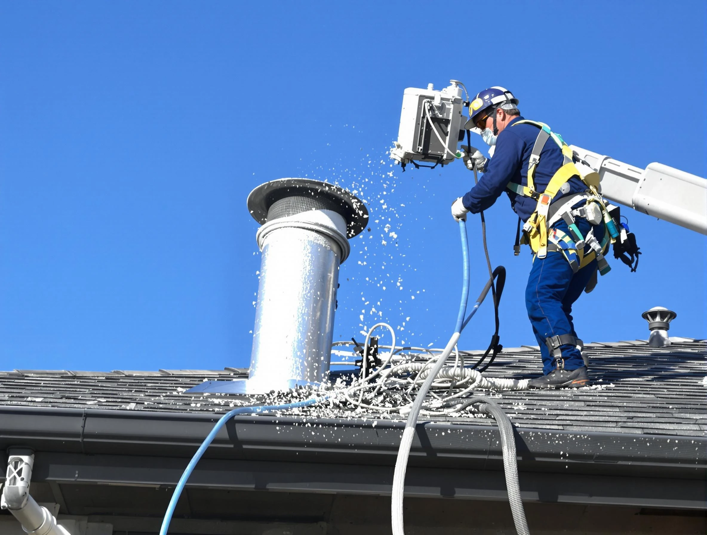 Pleasant Hills Dryer Vent Cleaning certified technician safely cleaning a roof-mounted dryer vent in Pleasant Hills