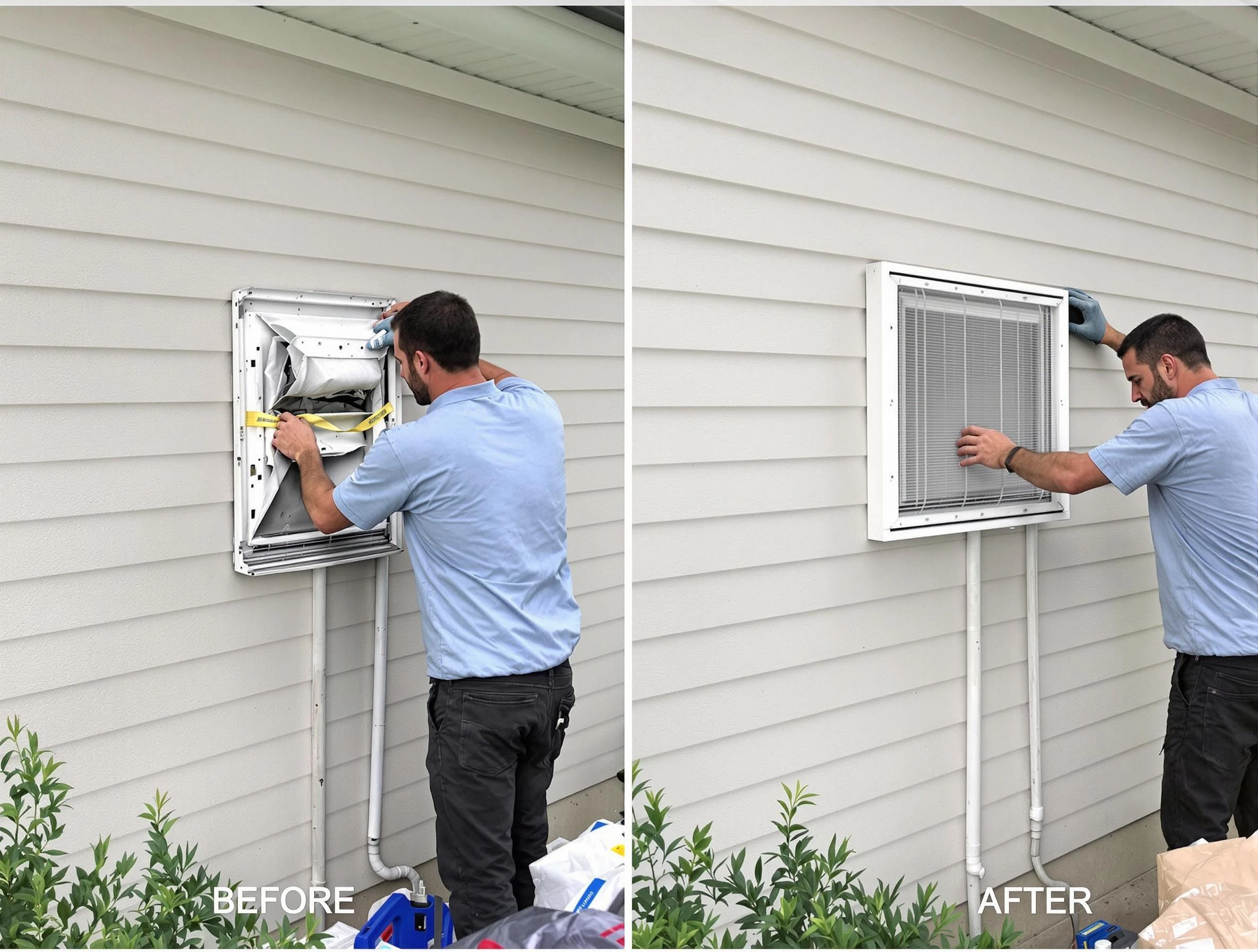 Pleasant Hills Dryer Vent Cleaning technician installing high-quality dryer vent cover at a residential property in Pleasant Hills